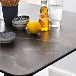 Wohnen Design Stehtisch mit Glas Keramik in Braun Langton & Edelstahl Säulengestell