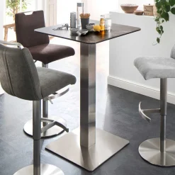 Wohnen Design Stehtisch mit Glas Keramik in Braun Langton & Edelstahl Säulengestell