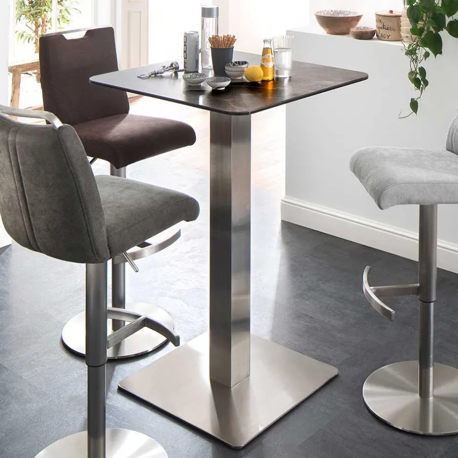 Wohnen Design Stehtisch mit Glas Keramik in Braun Langton & Edelstahl Säulengestell