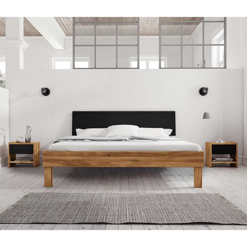 Wohnen Design Wildeiche Bett & Nachttische - Olbysca (dreiteilig)