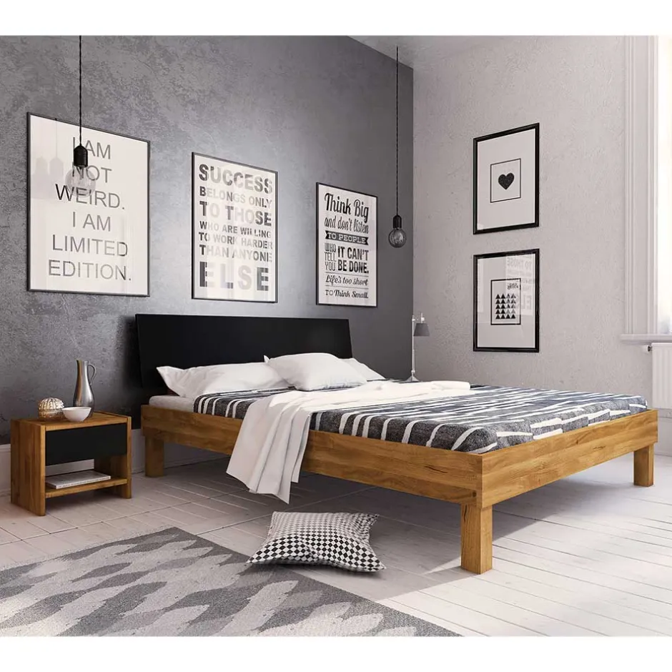 Wohnen Design Wildeiche Bett & Nachttische - Olbysca (dreiteilig)