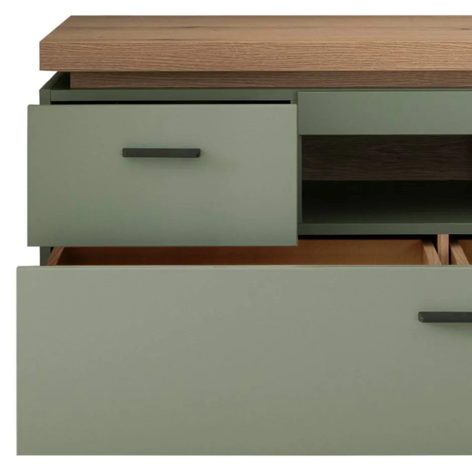 Wohnen Design Wohnwand in Graugrün und Eiche - Kwin (dreiteilig)