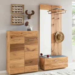 Wohnen Dielen Set mit Balkeneiche Furnier & Spiegel Macusos & Glas Anthrazit (vierteilig)