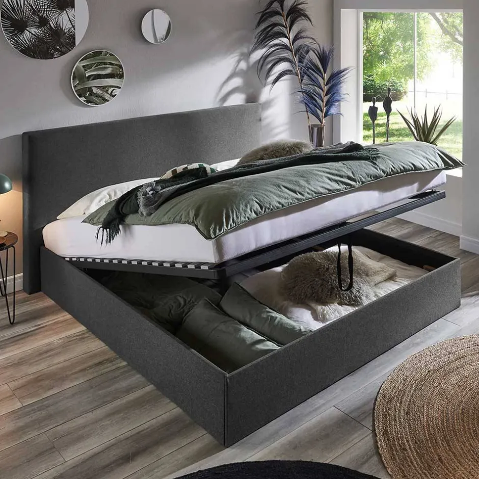 Wohnen Doppelbett mit Stauraum in Anthrazit Stoff - Clarford