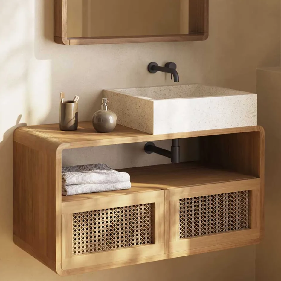 Wohnen Echtholz Waschtisch aus Teak mit Wiener Geflecht - Tiranny