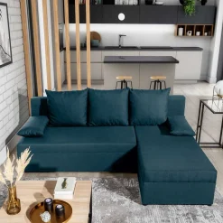 Ecksofa mit Bettfunktion in Dunkelblau Velours - Sempore^Wohnen