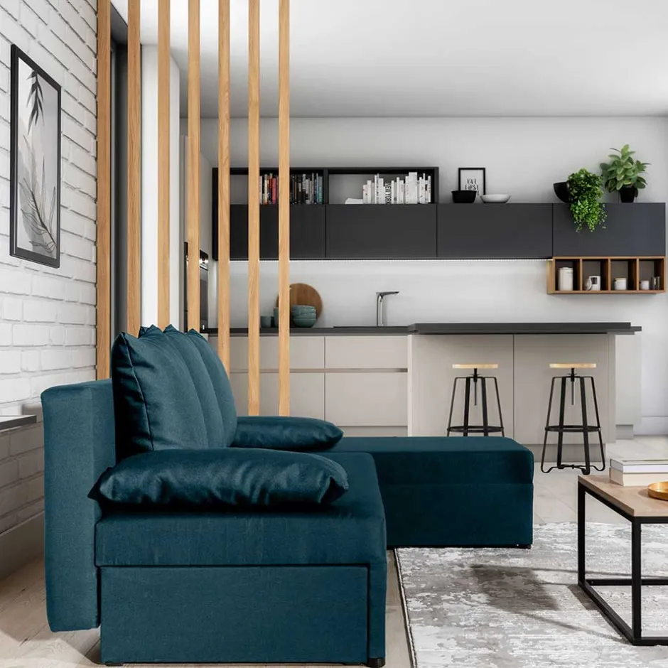 Ecksofa mit Bettfunktion in Dunkelblau Velours - Sempore^Wohnen