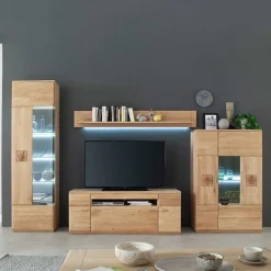 Wohnen Edle Wohnwand mit 320cm Breite Pontros in Eiche Bianco teilmassiv (vierteilig)