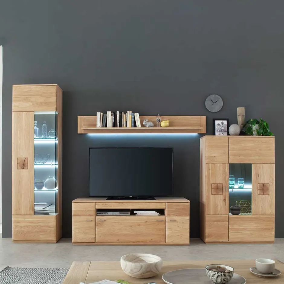 Wohnen Edle Wohnwand mit 320cm Breite Pontros in Eiche Bianco teilmassiv (vierteilig)