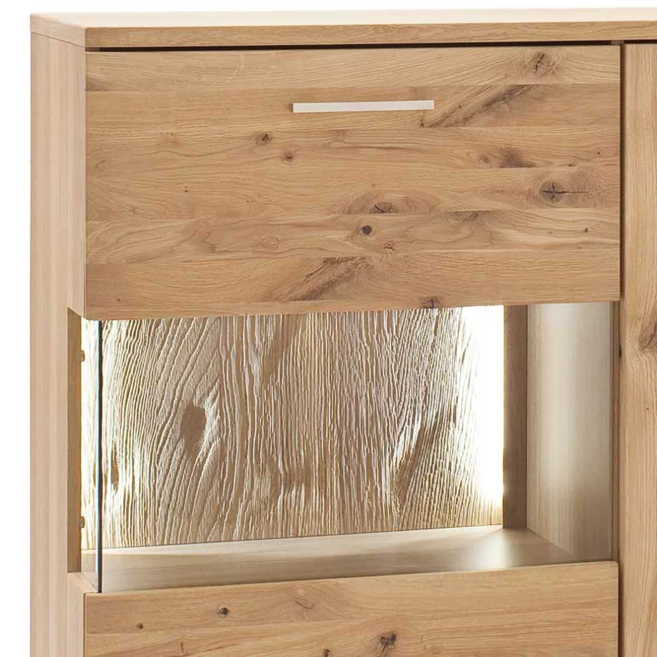 Wohnen Eiche Bianco Highboard mit Glas Einsatz - Crokas I