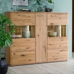 Wohnen Eiche Bianco Highboard mit Glas-Einsätzen - Crokas