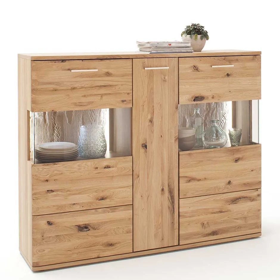 Wohnen Eiche Bianco Highboard mit Glas-Einsätzen - Crokas