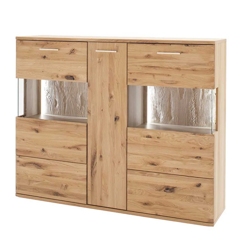 Wohnen Eiche Bianco Highboard mit Glas-Einsätzen - Crokas