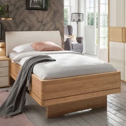 Einzelbett mit Kunstleder Kopfteil in Beige - Emdsiva^Wohnen New