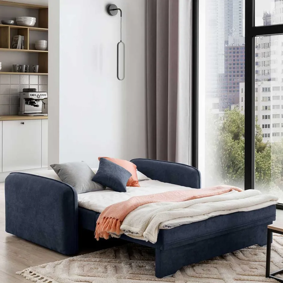 Wohnen 2er Schlafcouch in Blaugrau Veloursbezug - Candeloco