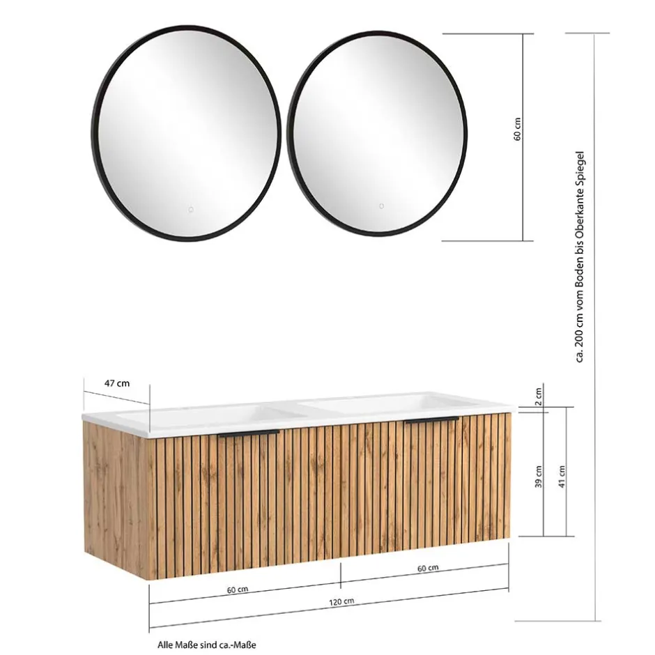 2er Waschtisch & Lichtspiegel rund - Crystoga (dreiteilig)^Wohnen Clearance