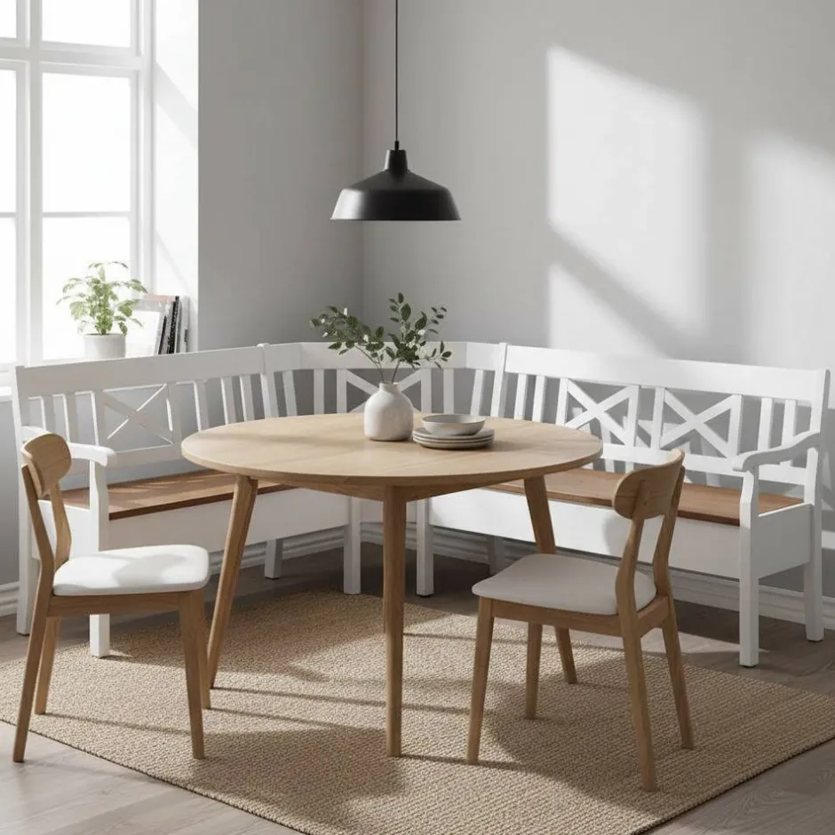 Wohnen Esstisch Eckbank Barlad aus Kiefernholz Weiß mit Braun