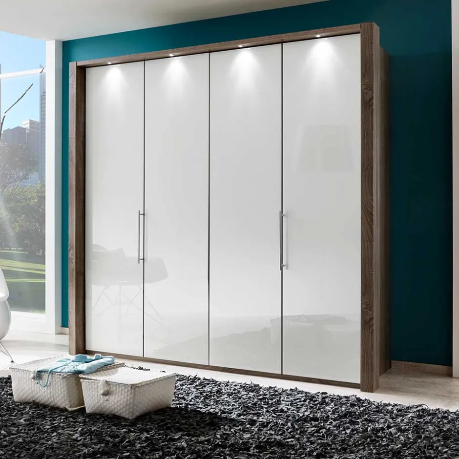 Wohnen Falttürenschrank Yutaha in Weiß Eiche Trüffel