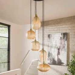 5-flammige Hängelampe mit Braunglas Schirmen - Infermo^Wohnen