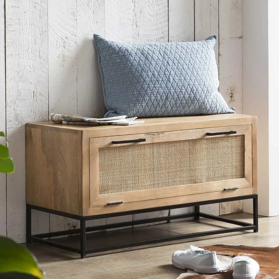 Flurbank mit Schuhklappe aus Holz & Rattan Geflecht - Lazianus^Wohnen Hot
