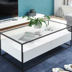 Wohnen Glas-Sofatisch mit zwei Schubladen und Ablage - Nastoria