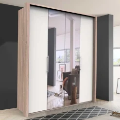 Wohnen Gleittüren-Kleiderschrank in Weiß mit Spiegel - Vaclyn