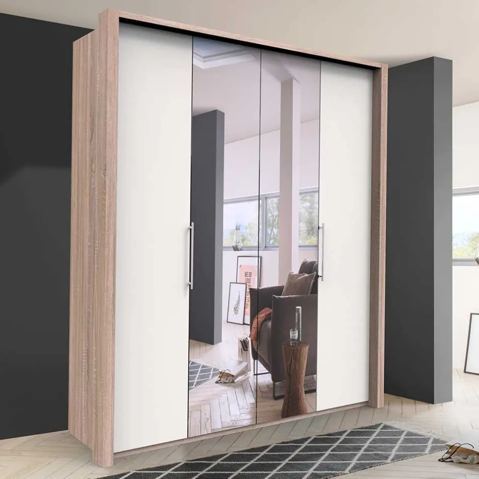 Wohnen Gleittüren-Kleiderschrank in Weiß mit Spiegel - Vaclyn