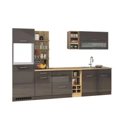 Wohnen Graue Hochglanz-Küche mit Regalen - Bozenia (neunteilig)