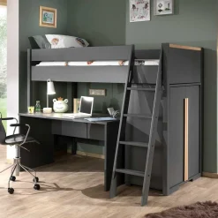 Kinder Wohnen Graues Hochbett mit Schreibtisch - Mystik (dreiteilig)