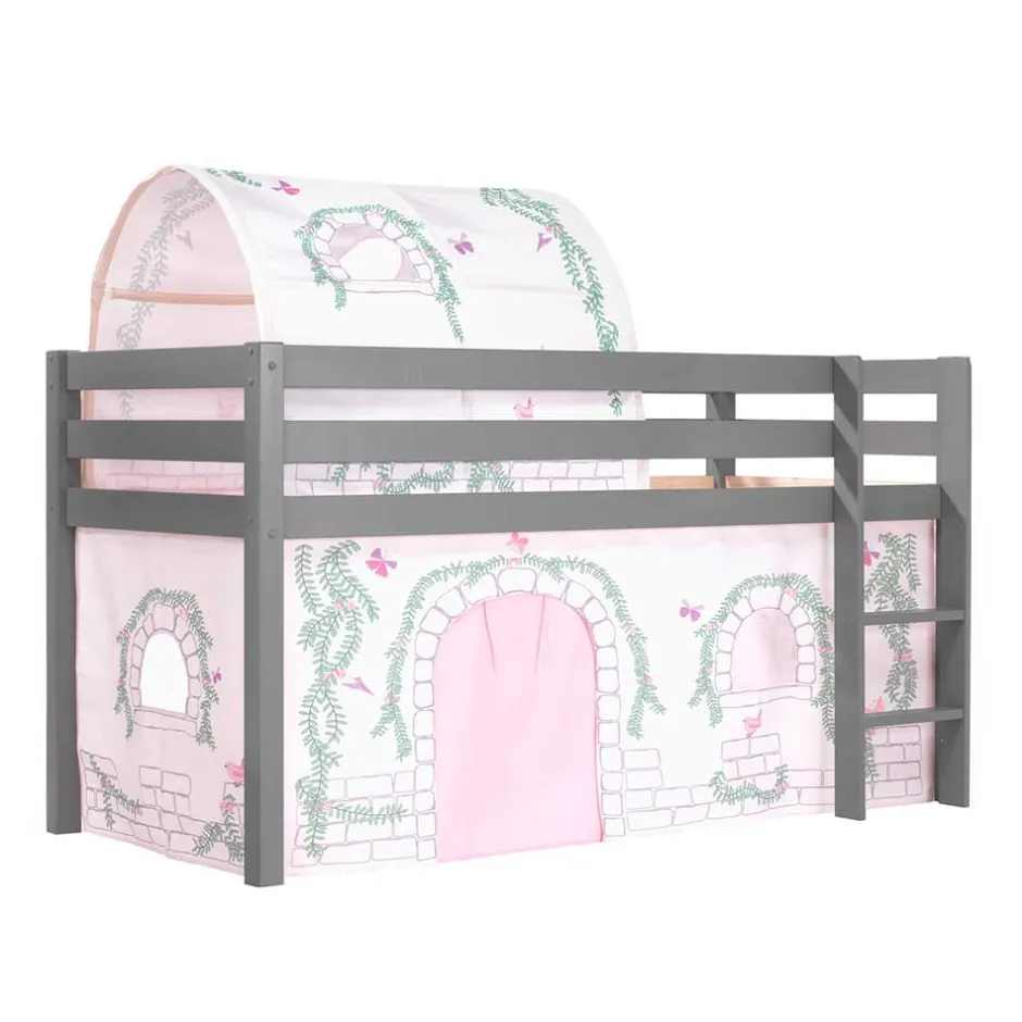 Kinder Wohnen Graues Hochbettgestell mit Spieltunnel & Vorhang - Sercan