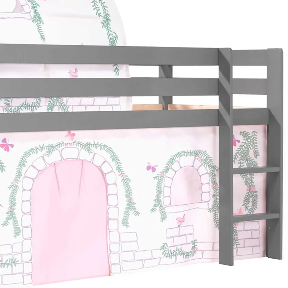 Kinder Wohnen Graues Hochbettgestell mit Spieltunnel & Vorhang - Sercan