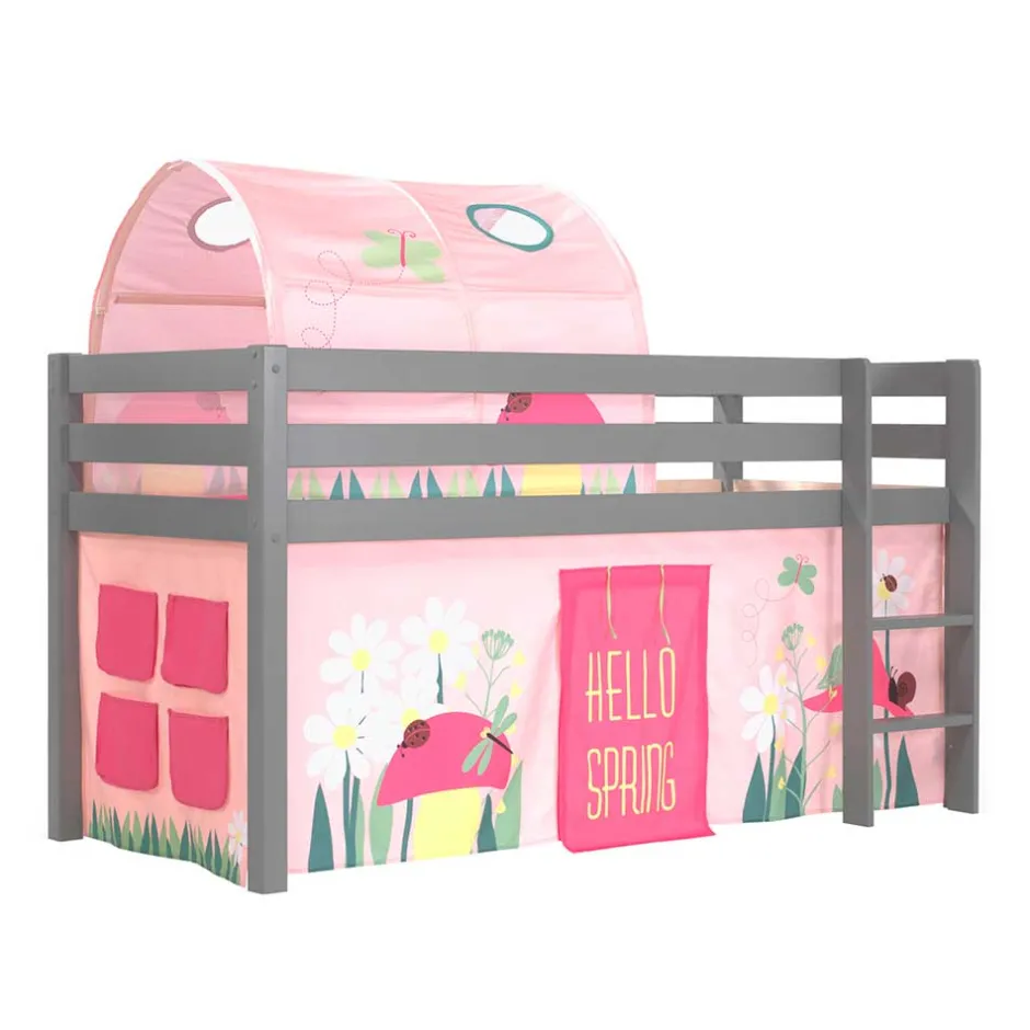 Kinder Wohnen Graues Kiefernholz-Hochbettgestell mit Spieltunnel - Dannys