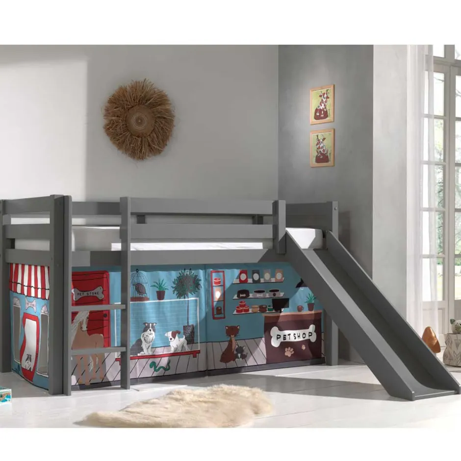 Kinder Wohnen Graues Kinderhochbett mit Spielvorhang Tierladen - Lionca