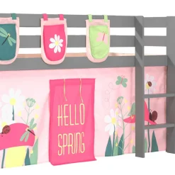 Kinder Wohnen Graues Massivholz-Hochbett mit Vorhang & Taschen - Corsica