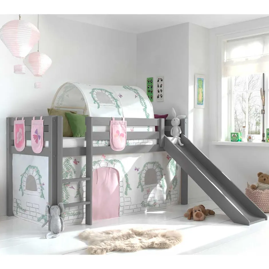 Kinder Wohnen Graues Mädchen-Hochbett mit Rutsche - Borgio