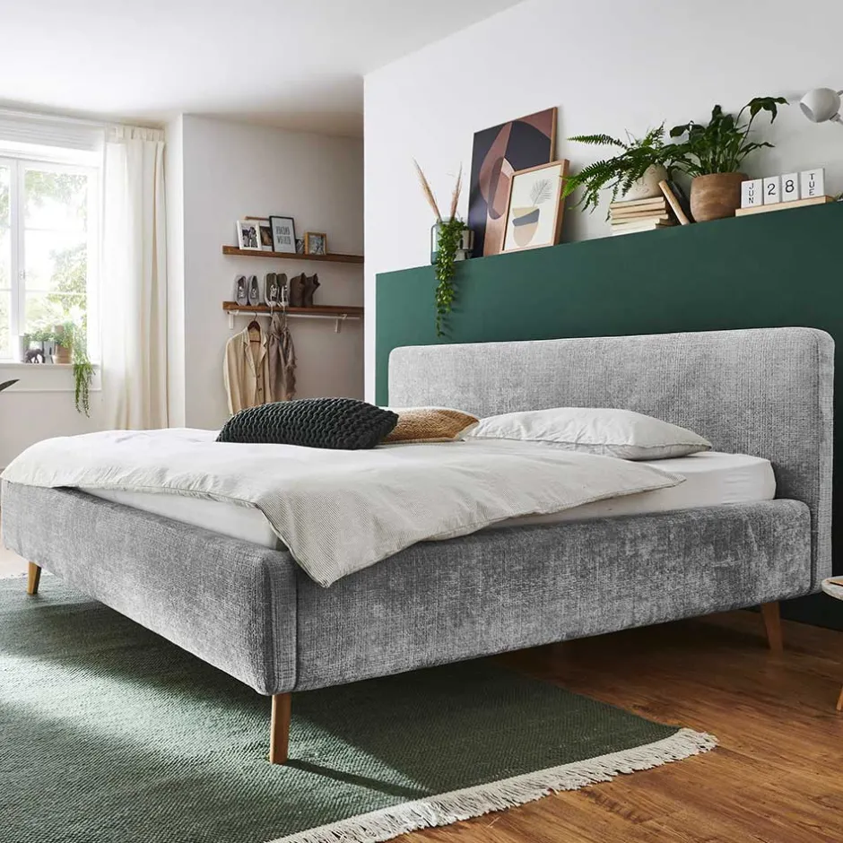 Wohnen Graues Polsterbett mit Boucle Bezug und Holzfüßen - Endrov