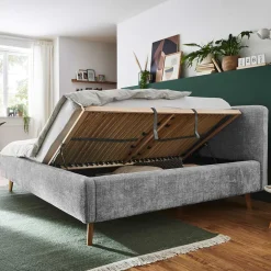 Wohnen Graues Polsterbett mit Boucle Bezug und Holzfüßen - Endrov