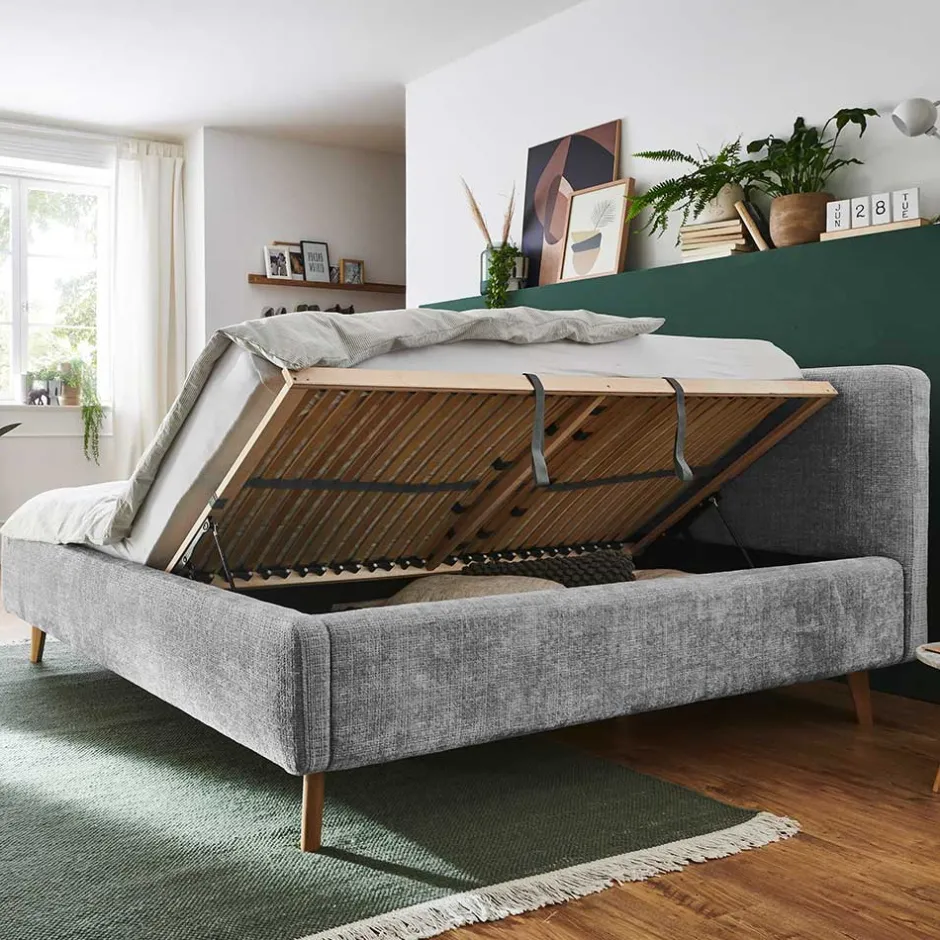 Wohnen Graues Polsterbett mit Boucle Bezug und Holzfüßen - Endrov