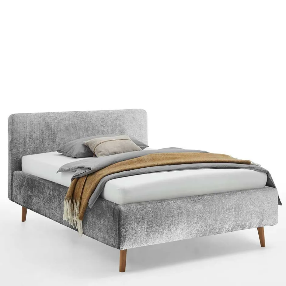 Wohnen Graues Polsterbett mit Boucle Bezug und Holzfüßen - Endrov