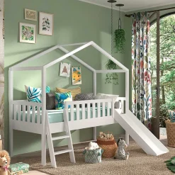 Kinder Wohnen Halbhohes Hochbett mit Hausdach & Rutsche - Graphit