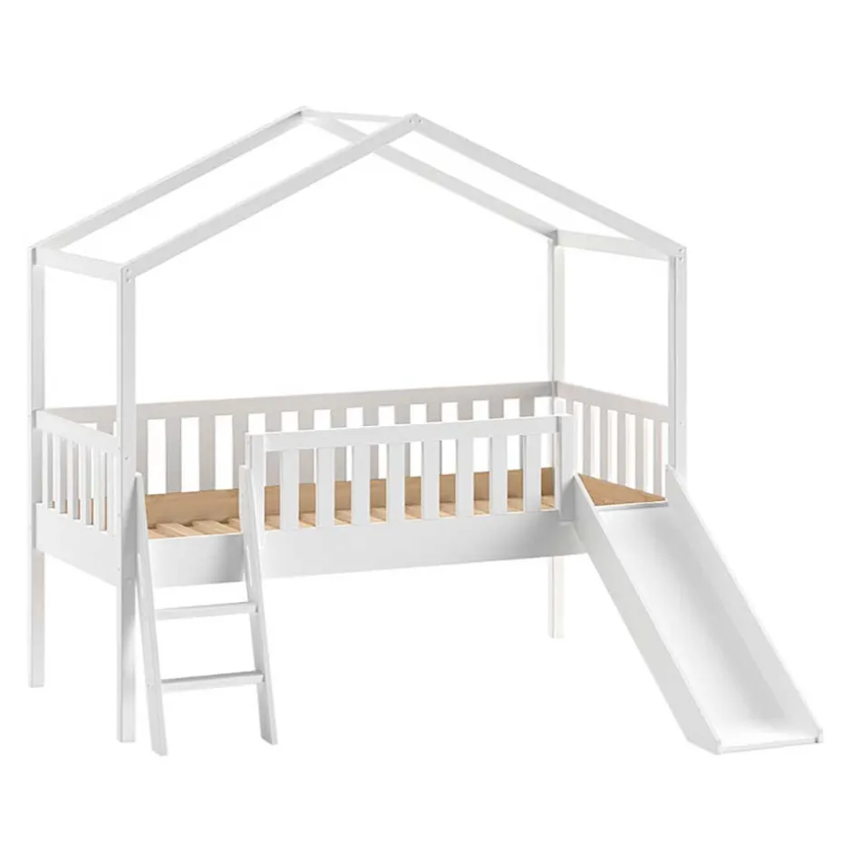 Kinder Wohnen Halbhohes Hochbett mit Hausdach & Rutsche - Graphit