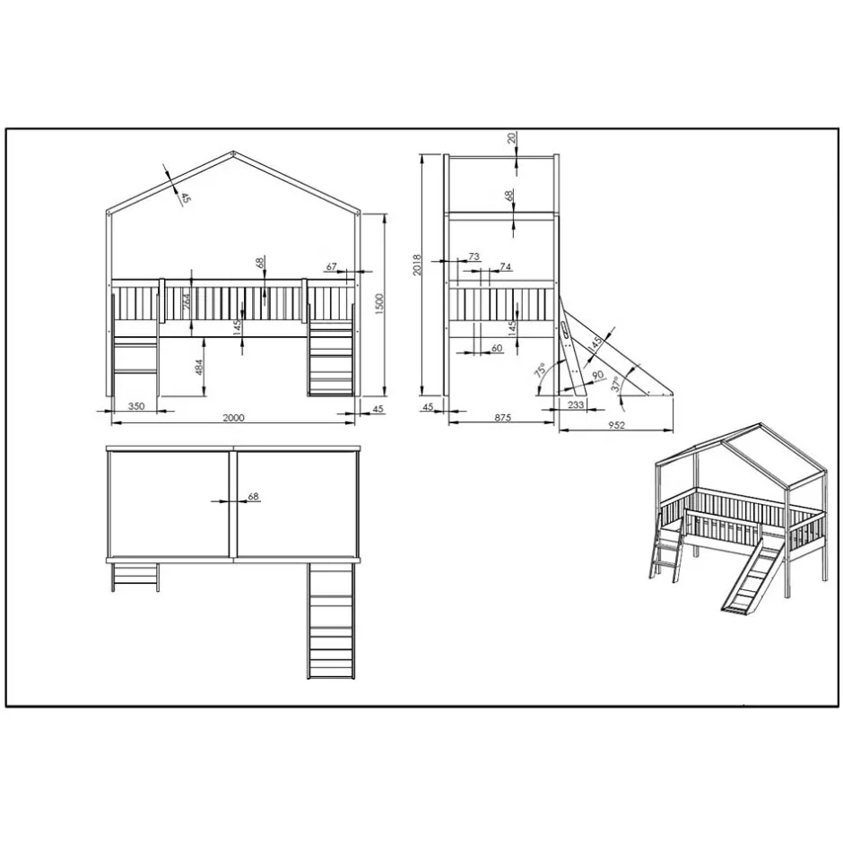 Kinder Wohnen Halbhohes Hochbett mit Hausdach & Rutsche - Graphit