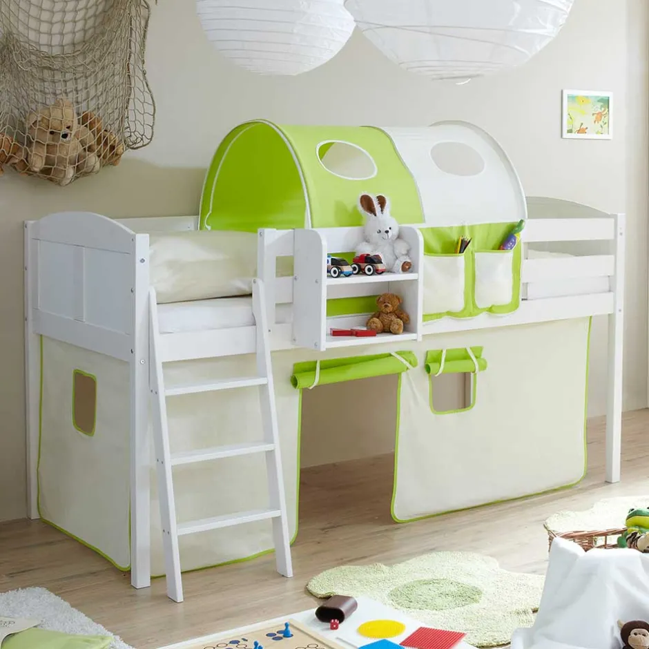 Kinder Wohnen Halbhohes Kiefernholz Kinderbett in Weiß - Camelo