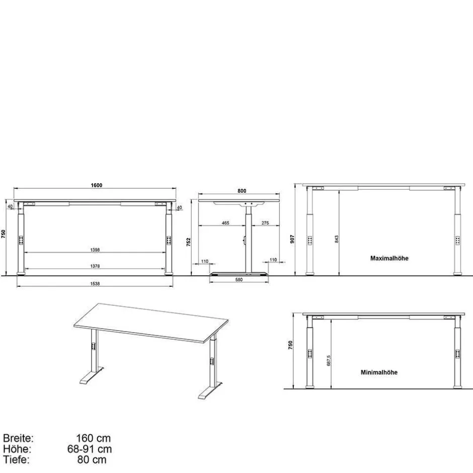Wohnen Höhenverstellbarer Officetisch in Weiß - Sparkle (zweiteilig)