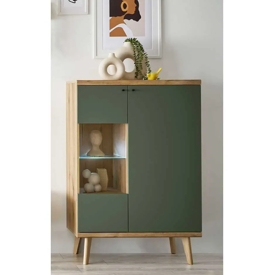 Wohnen Highboard in Graugrün und Wildeiche - Oliva