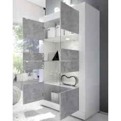 Highboard Vitrine in Beton Optik & Weiß HG - Narandu^Wohnen Discount