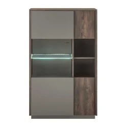 Wohnen Highboard Vitrine in Eiche Dunkel & Grau - Mundo