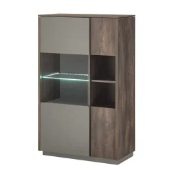 Wohnen Highboard Vitrine in Eiche Dunkel & Grau - Mundo
