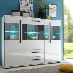 Wohnen Highboard Vitrine Jetongos in Weiß Hochglanz Glas