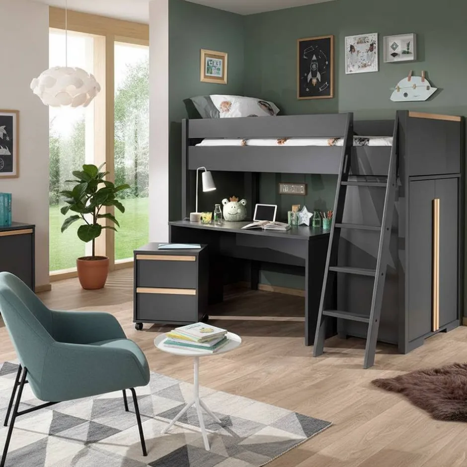 Kinder Wohnen Hochbett mit Schreibtisch und Schrank - Lilova (vierteilig)